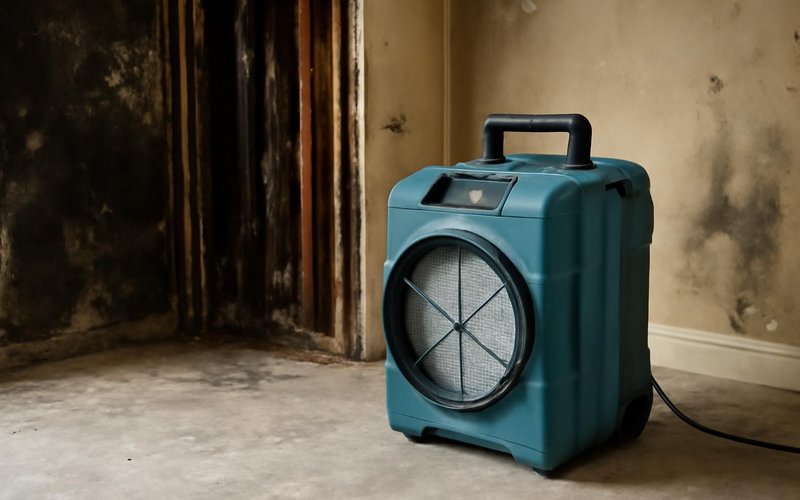 AI concept: HEPA air scrubber running in a fire-damaged room