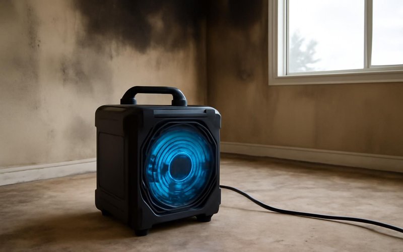 AI concept: Hydroxyl generator in a smoke-damaged room