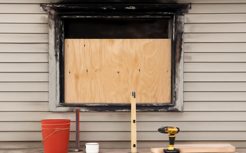 AI concept: Crew boarding up a fire-damaged window