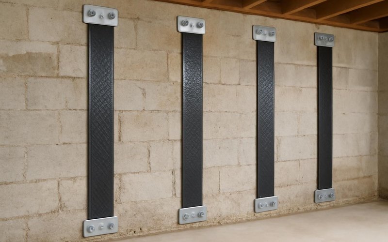 AI concept: Carbon fiber straps on a basement wall