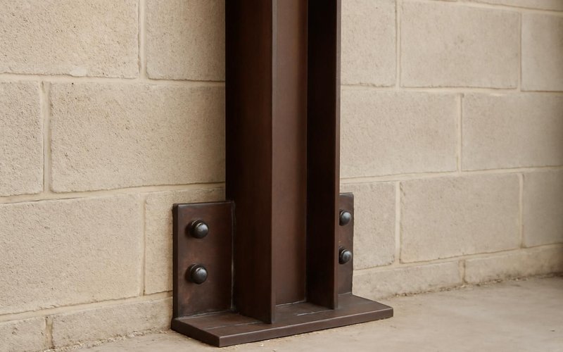 AI concept: Steel I-beam brace against a block wall