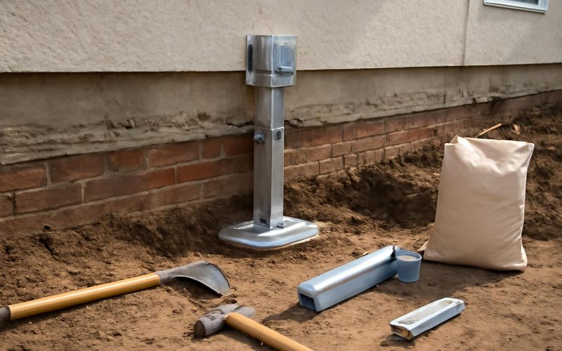 AI concept: Crew installing steel piers along a house foundation