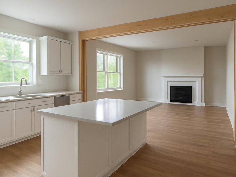 AI concept: Remodeled idea: open kitchen and living room with a flush beam hidden in the ceiling