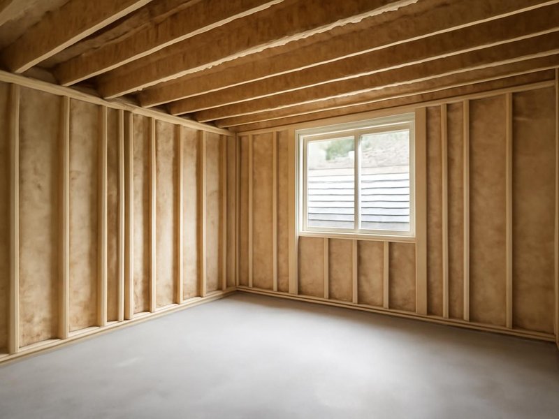 AI concept: Remodeled idea: framed basement with walls, soffits and an egress opening ready for drywall