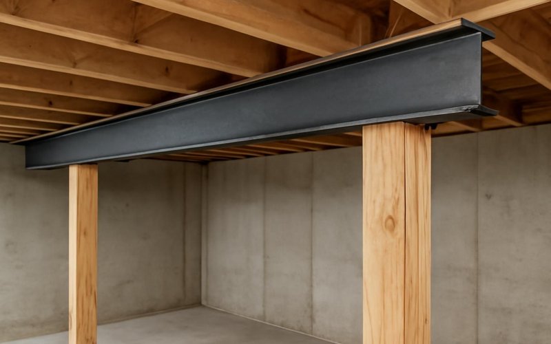 AI concept: Steel I-beam set on posts in a basement