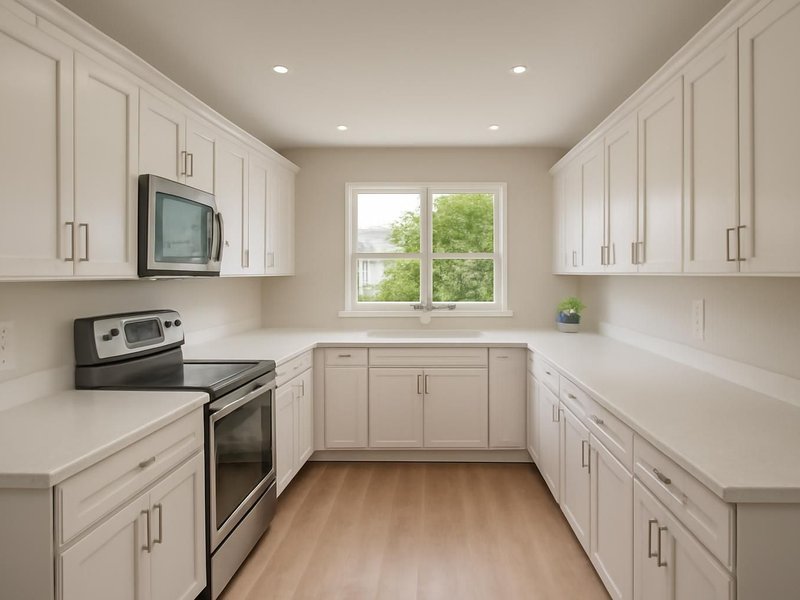 AI concept: Remodeled idea: galley kitchen with refaced white cabinets and quartz counters