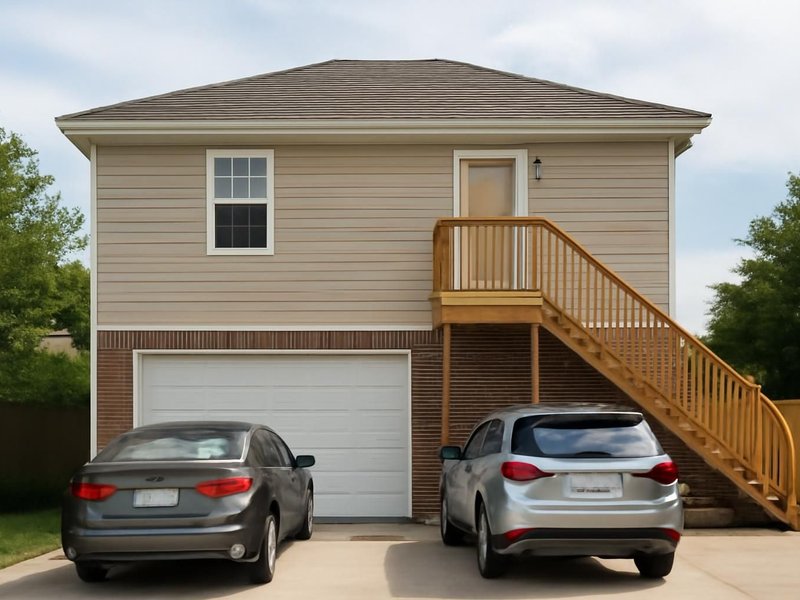AI concept: Remodeled idea: apartment on top with an exterior stair, cars below
