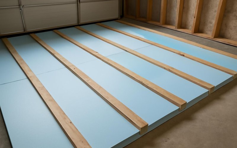 AI concept: Rigid foam and sleepers over a garage slab