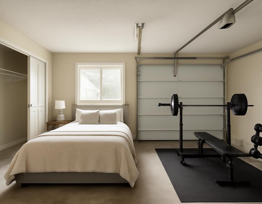AI concept: Garage converted into a bedroom with a closet beside one converted into a home gym