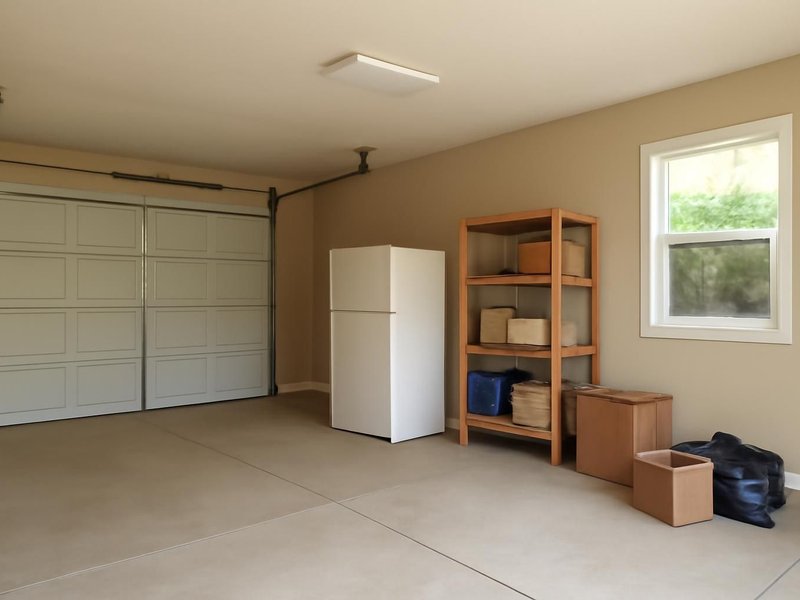 AI concept: Existing condition: two-car garage used for storage and a spare fridge