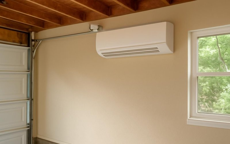 AI concept: Ductless mini-split in a converted garage