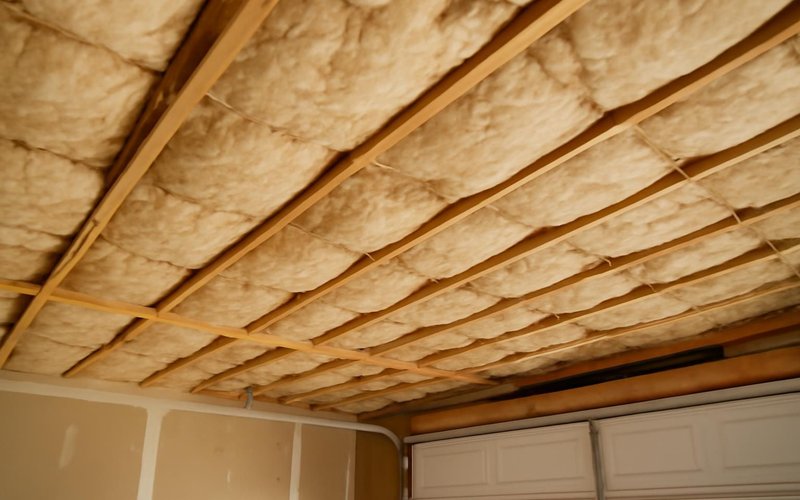 AI concept: Insulation batts in a converted garage ceiling