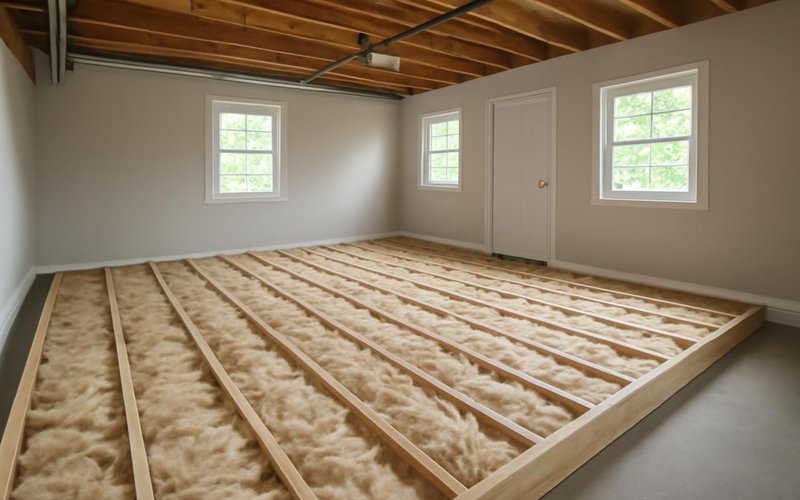 AI concept: Insulated raised floor in a converted garage