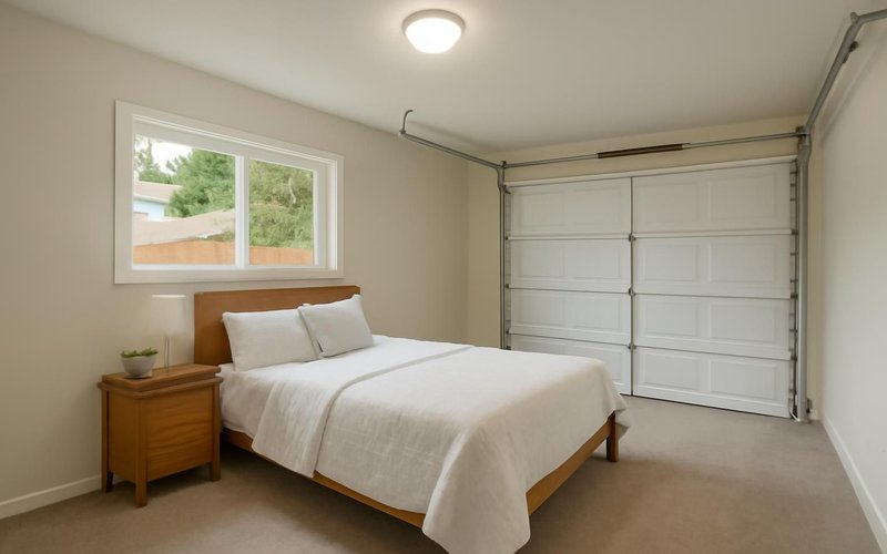 AI concept: Finished bedroom in a converted garage