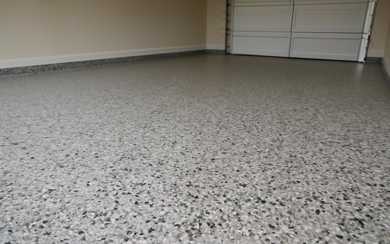 AI concept: Polyaspartic flake floor in a garage