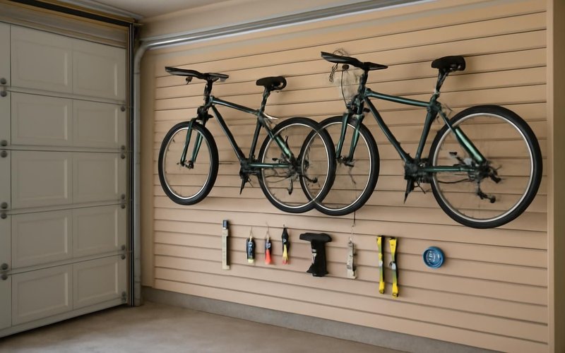 AI concept: Slatwall with bikes and tools in a garage