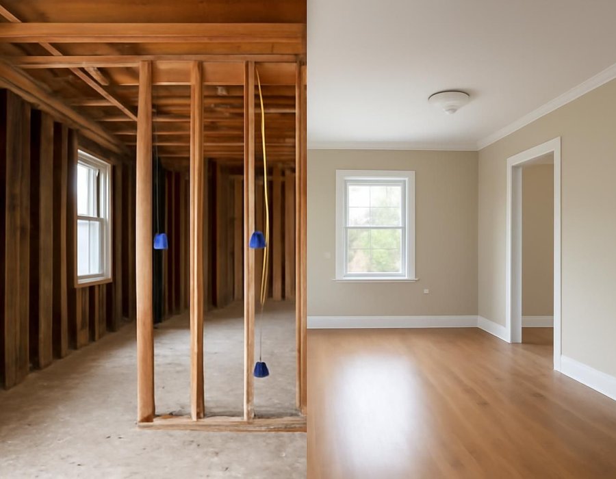 AI concept: Room stripped to the studs with new wiring on the left, room with new finishes over existing walls on the right