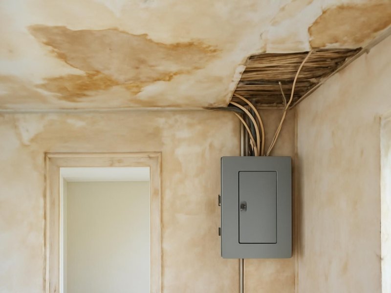 AI concept: Existing condition: water-stained plaster ceilings and fuse-box wiring in an inherited house