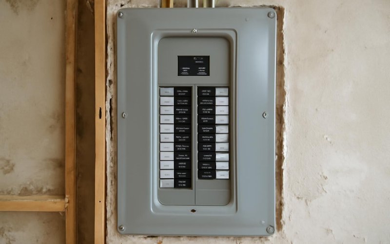 AI concept: New 200-amp electrical panel with labeled breakers