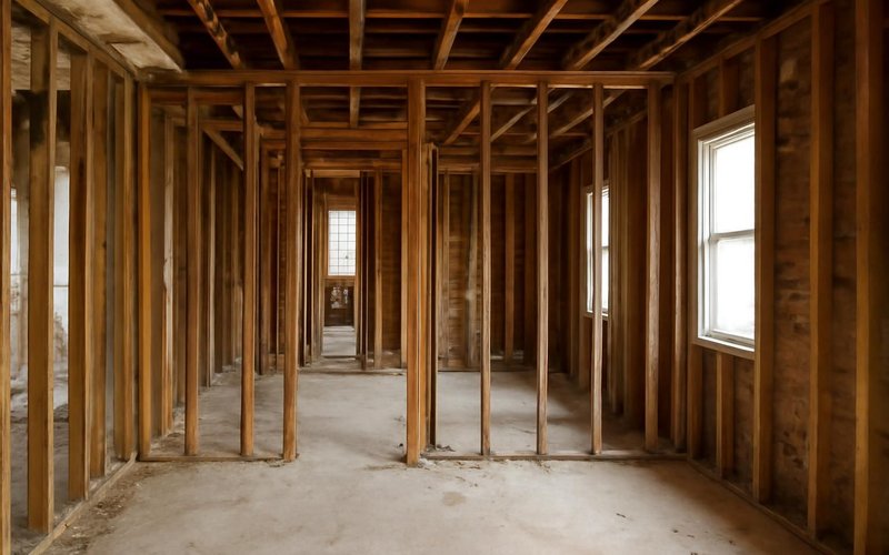 AI concept: Room stripped to bare studs after demolition