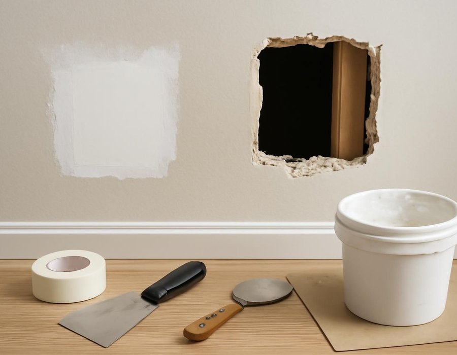 AI concept: Handyman patching a small drywall hole next to a crew opening a wall for a larger repair