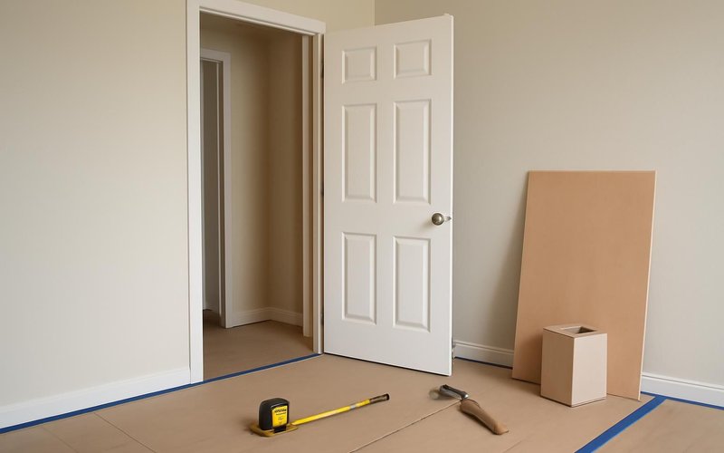AI concept: Technician rehanging a door with floor protection