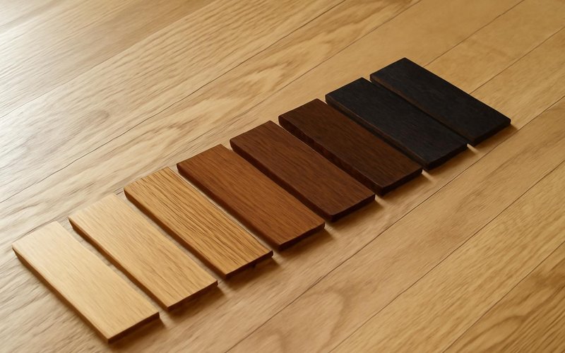 AI concept: Row of stain samples on a sanded oak floor
