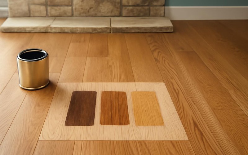 AI concept: Stain samples applied on a sanded patch of oak floor