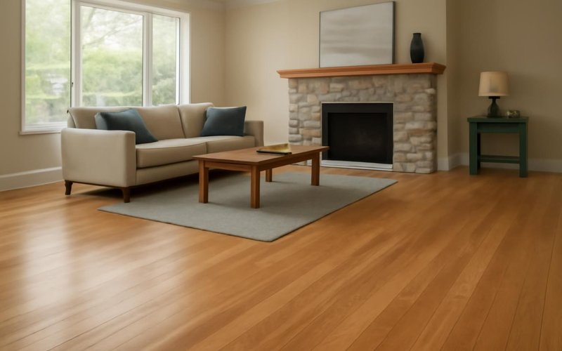 AI concept: Freshly refinished natural oak floor in a living room