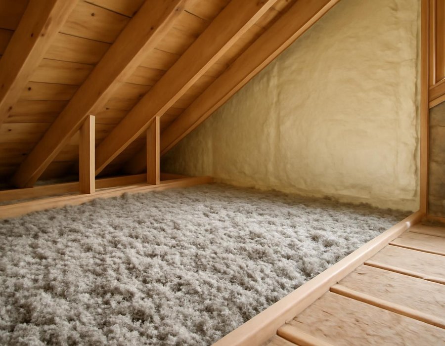 AI concept: Attic floor with blown cellulose next to a roofline sprayed with closed-cell foam