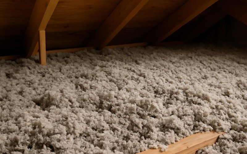 AI concept: Blown cellulose insulation on an attic floor