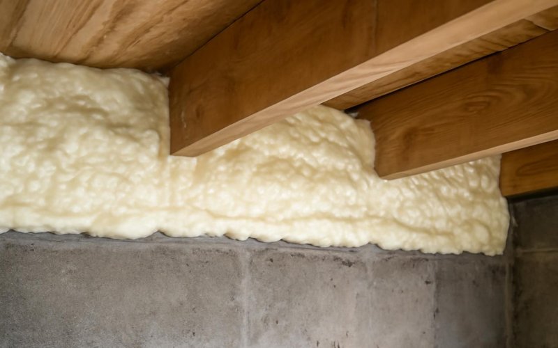 AI concept: Closed-cell spray foam on basement rim joists