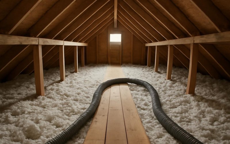 AI concept: An empty attic with a blower hose resting safely on a boarded walkway beside freshly installed insulation