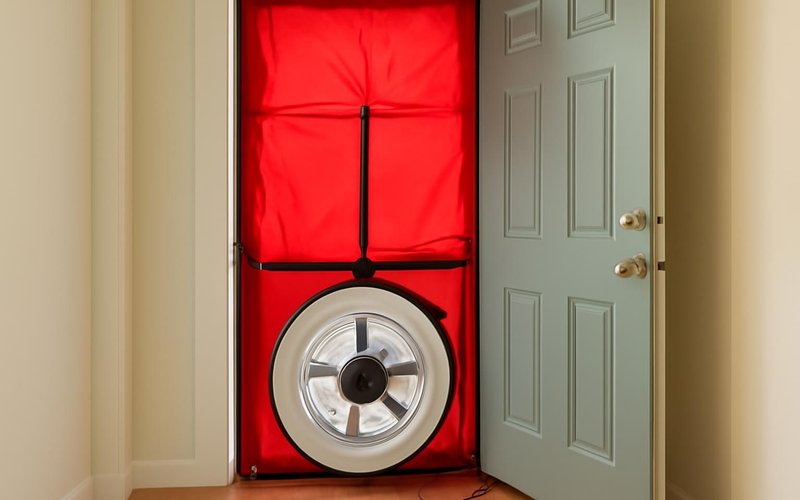 AI concept: Blower door test fan in a front door