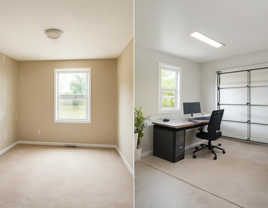 AI concept: Spare bedroom office on the left, finished garage office on the right