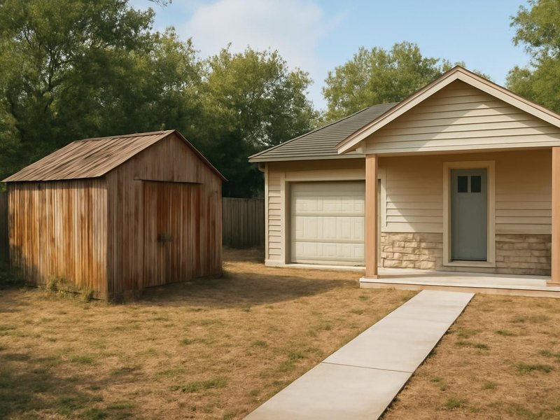 AI concept: Existing condition: deep backyard with a rusted shed