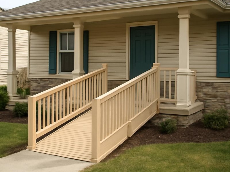 AI concept: Remodeled idea: composite ramp with rails on both sides, painted to match the porch