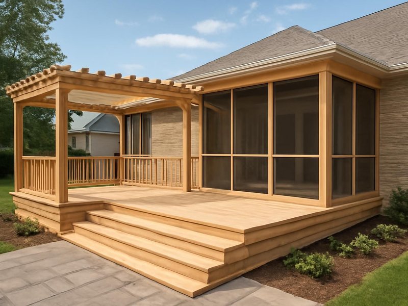 AI concept: Remodeled idea: new deck with a screened porch at one end and a pergola at the other
