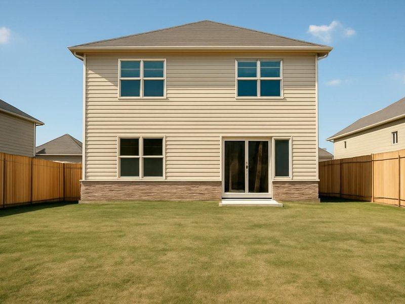 AI concept: Existing condition: flat lawn behind a two-story house with no shade
