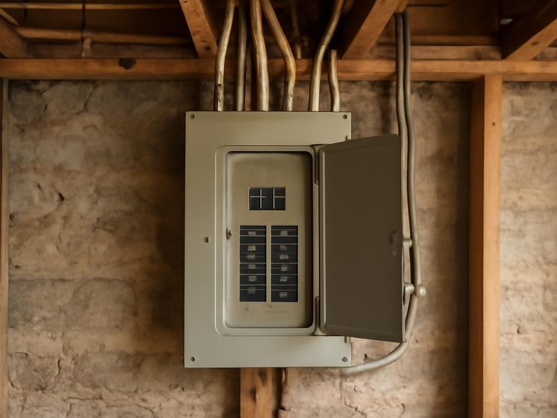 AI concept: Existing condition: old fuse box with cloth-covered wiring in a basement