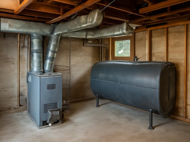 AI concept: Existing condition: basement with an oil furnace, a fuel tank and leaky ducts