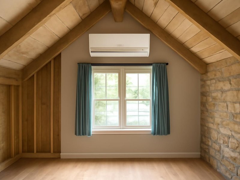 AI concept: Remodeled idea: attic with a Mitsubishi ductless head above the window