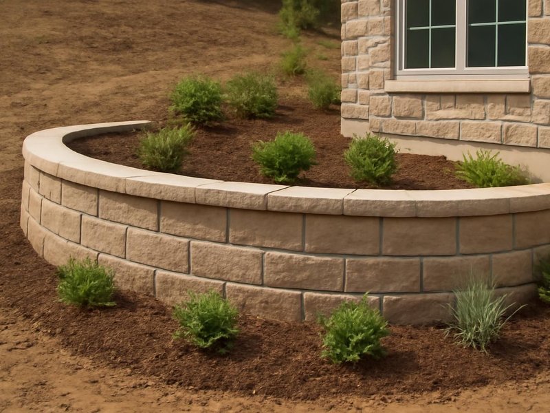 AI concept: Remodeled idea: segmental block retaining wall with caps and new plantings