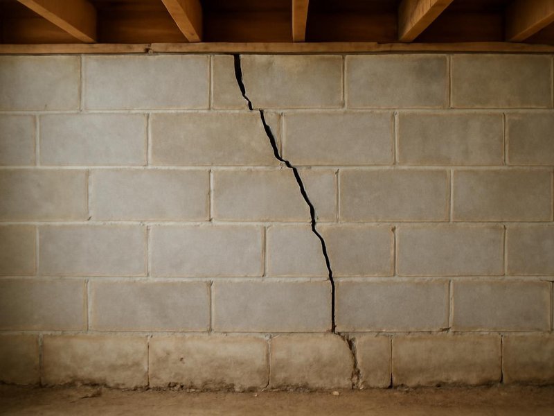 AI concept: Existing condition: block basement wall bowing inward along a long crack