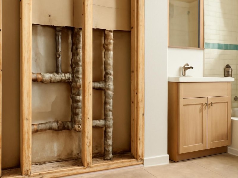 AI concept: Existing condition: corroded galvanized pipes in an open bathroom wall