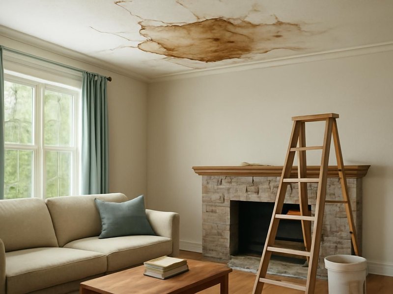 AI concept: Existing condition: cracked plaster ceiling with a brown leak stain in a living room