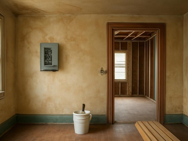 AI concept: Existing condition: inherited house with fuse-box wiring and stained plaster ceilings