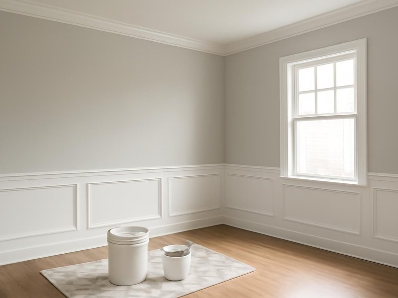 AI concept: Remodeled idea: dining room patched and painted in a light warm gray