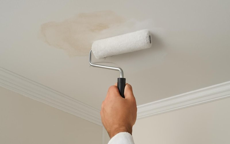 AI concept: Painter priming a water stain on a ceiling