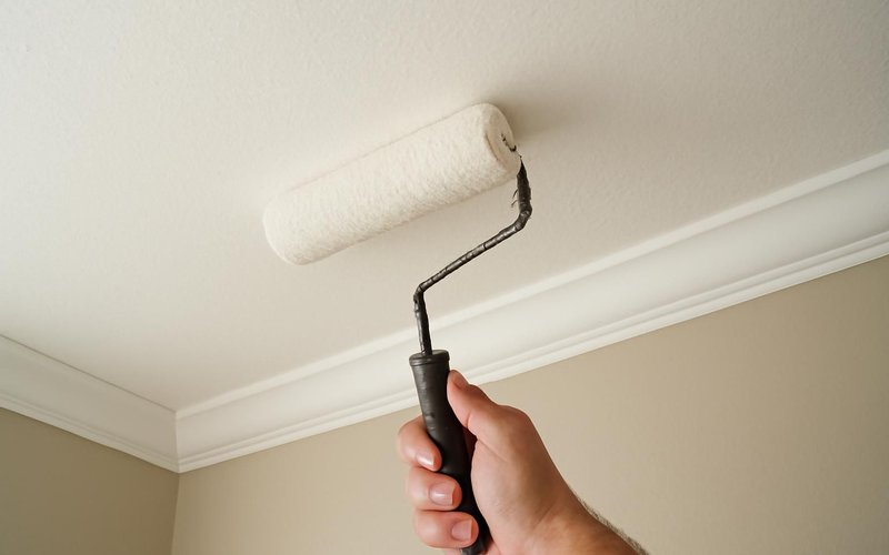 AI concept: Painter rolling a ceiling with flat paint
